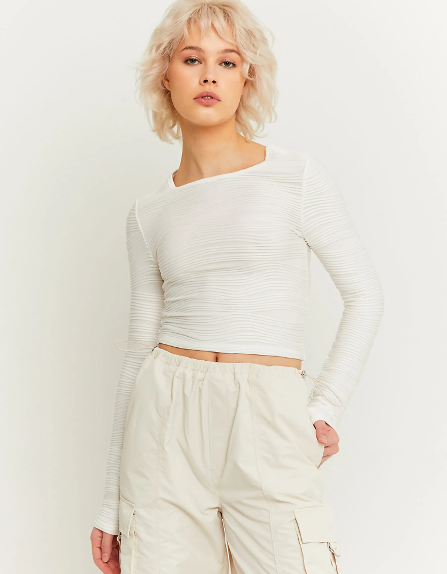 Tally Weijl Top^Crop Top Bianco con Increspature in Rilievo