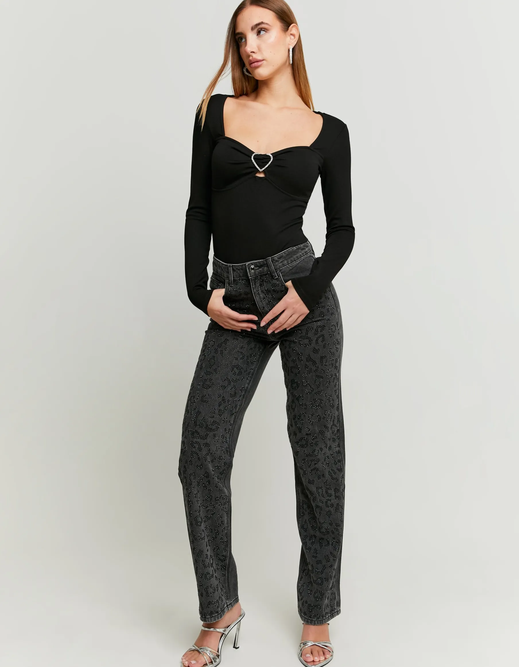 Tally Weijl Jeans^Jeans Straight Leg Neri con Motivo Animalier in Strass