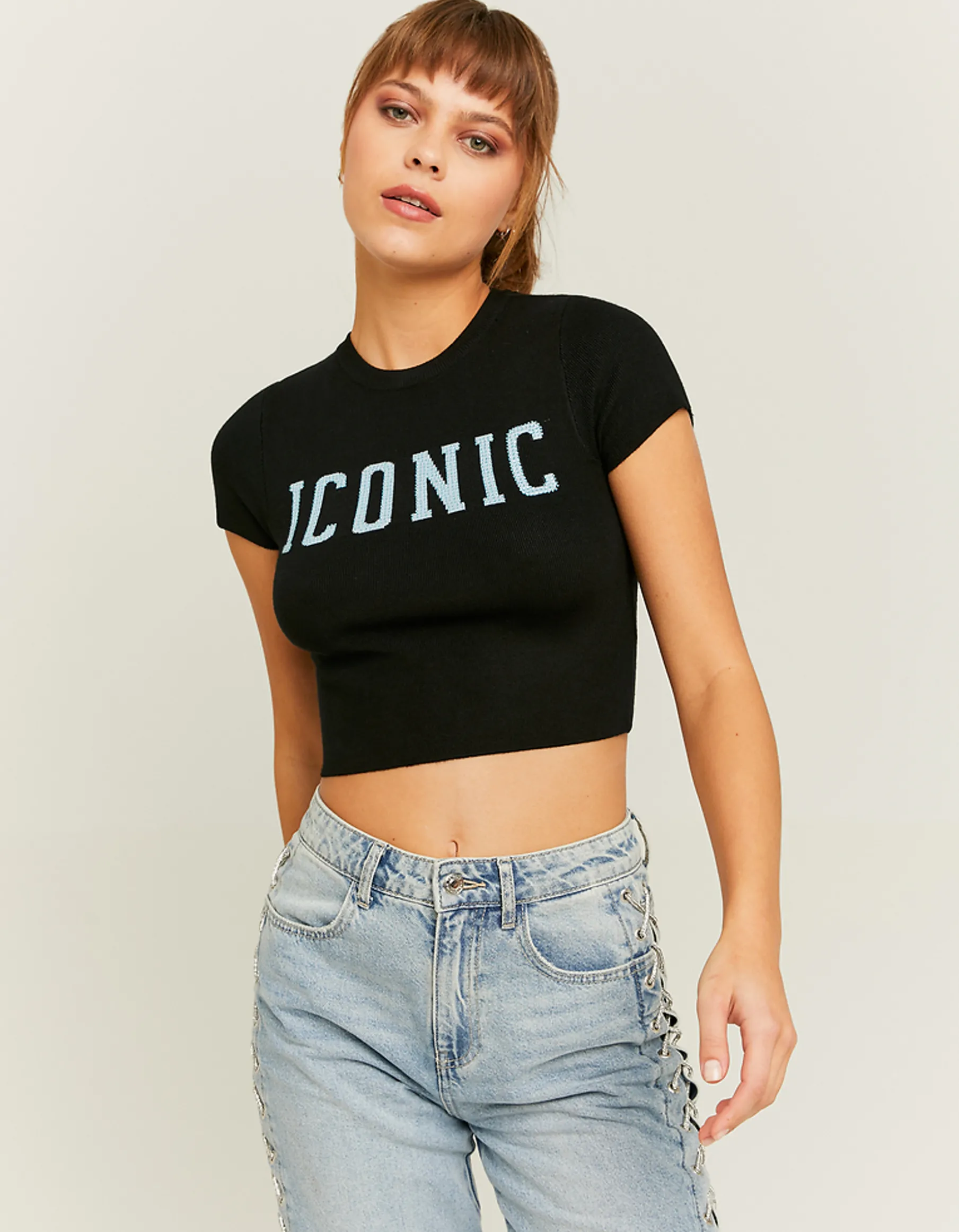 Tally Weijl Top^Top in Maglia Leggera Nera con Stampa Fantasia